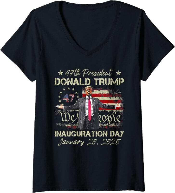 Womens President Donald Trump Inauguration Day 2025 American Flag V-Neck T-Shirt