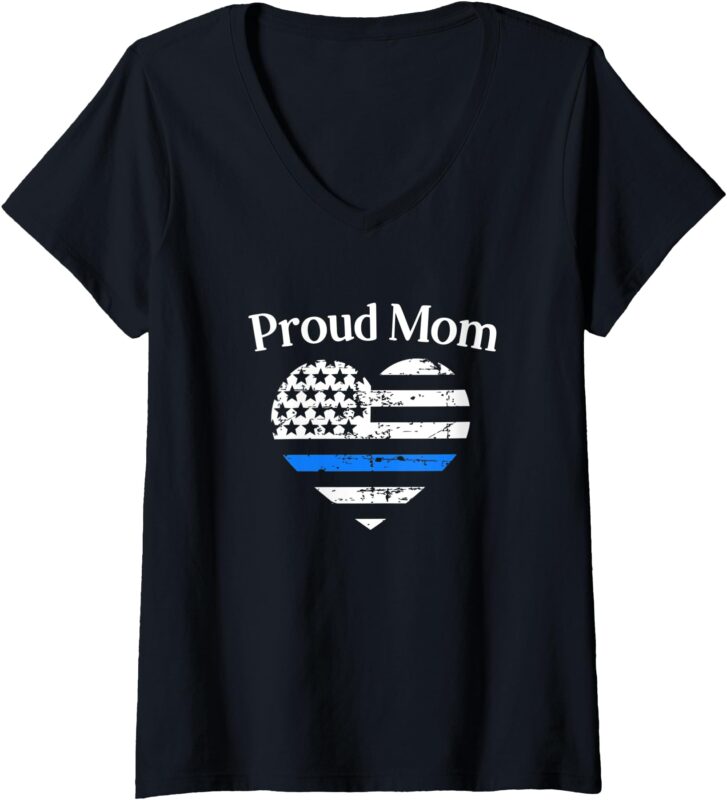 Womens Thin Blue Line Proud Mom Police Officer Mother Family Gift V-Neck T-Shirt