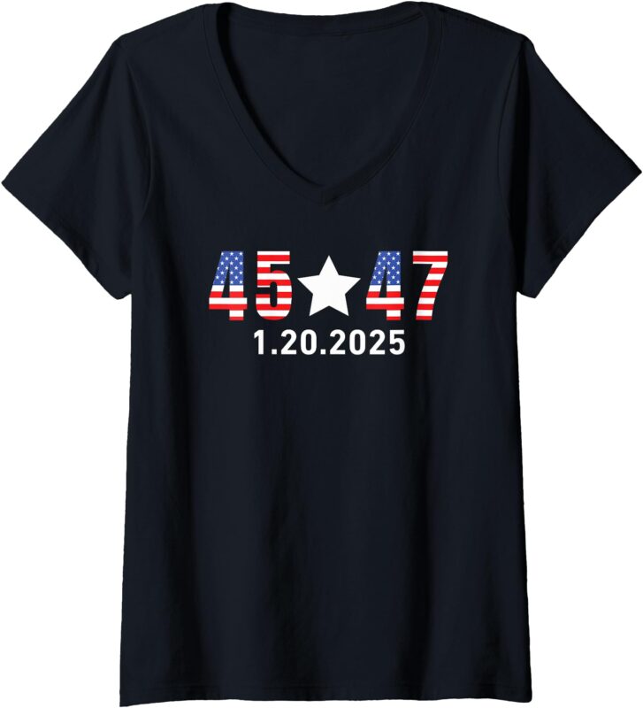 Womens Trump Inauguration Day 2025 45 47 American Flag White Star V-Neck T-Shirt