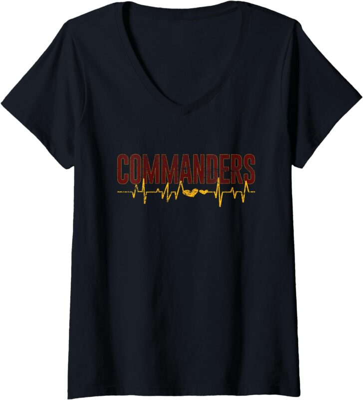 Womens Vintage Commanders’ Heart Beat Distressed Sports Spirit V-Neck T-Shirt