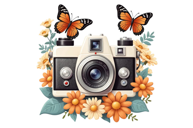 Trendy Photography Day Retro Floral Camera Graphics t-shirt design png & jpeg designs – download instantly for POD site