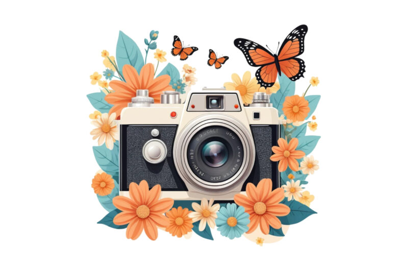 Trendy Photography Day Retro Floral Camera Graphics t-shirt design png & jpeg design