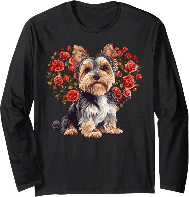 Yorkie Valentine’s Day Yorkshire Terrier Lover Floral Heart Long Sleeve T-Shirt