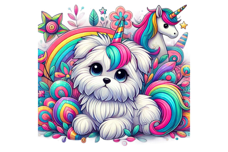 Trendy Colourful Puppy Dog Unicorn Graphics t-shirt design png & jpeg designs – download instantly