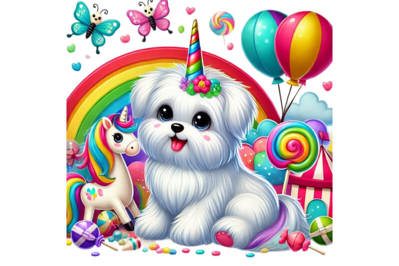 Colourful Puppy Dog Unicorn Graphics t-shirt design png & jpeg designs – download instantly Retro Vintage T-shirt
