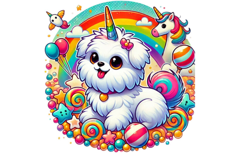 Vintage Colourful Puppy Dog Unicorn Graphics t-shirt design