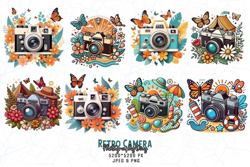 Retro Photography Day Vintage Camera t-shirt design bundle of 100 designs