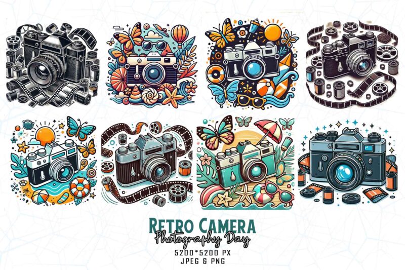 Retro Photography Day Vintage Camera t-shirt design bundle of 20 designs – download instantly