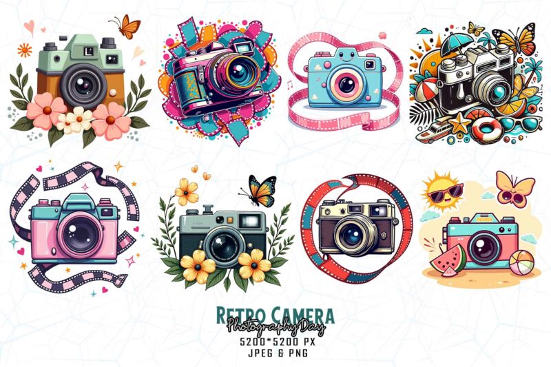 Retro Photography Day Vintage Camera t-shirt design bundle of 100 designs