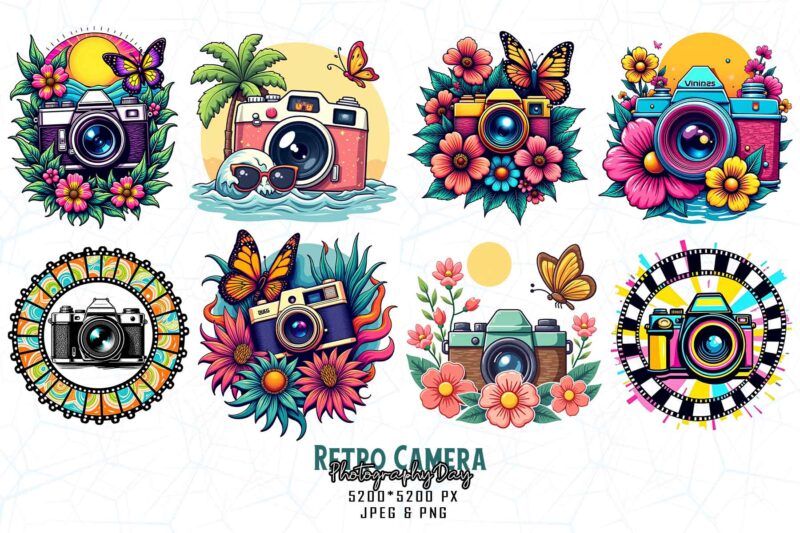 Popular Groovy Photography Day Vintage Camera t-shirt design bundle of 20 designs – download instantly Vintage Bundle