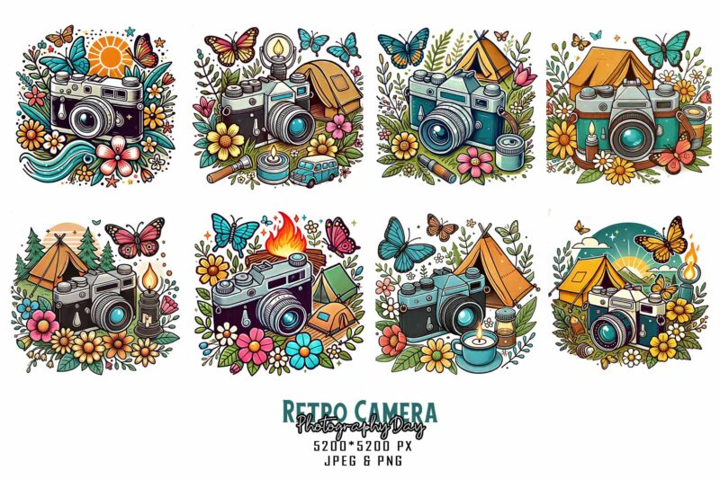 Colourful Photography Day Retro Camera t-shirt design bundle