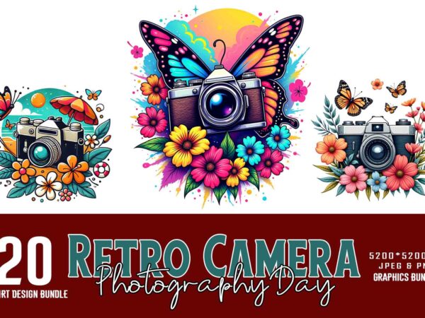 Popular photography day vintage camera t-shirt design bundle of 20 designs – download instantly for print Popular photography day vintage camera t-shirt design bundle of 20 designs – download instantly for print