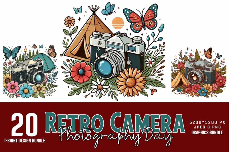 Colourful Photography Day Retro Camera t-shirt design bundle