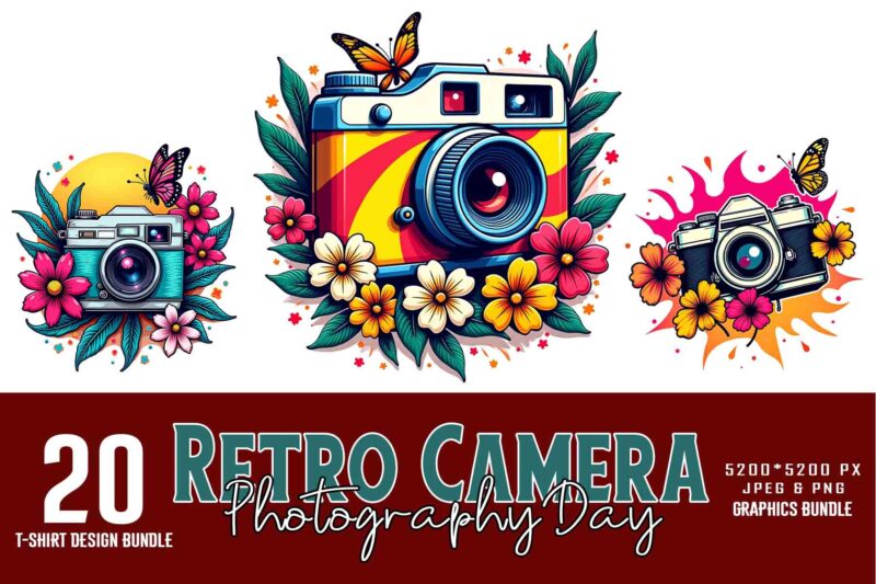 Popular Groovy Photography Day Vintage Camera t-shirt design bundle of 20 designs – download instantly Vintage Bundle