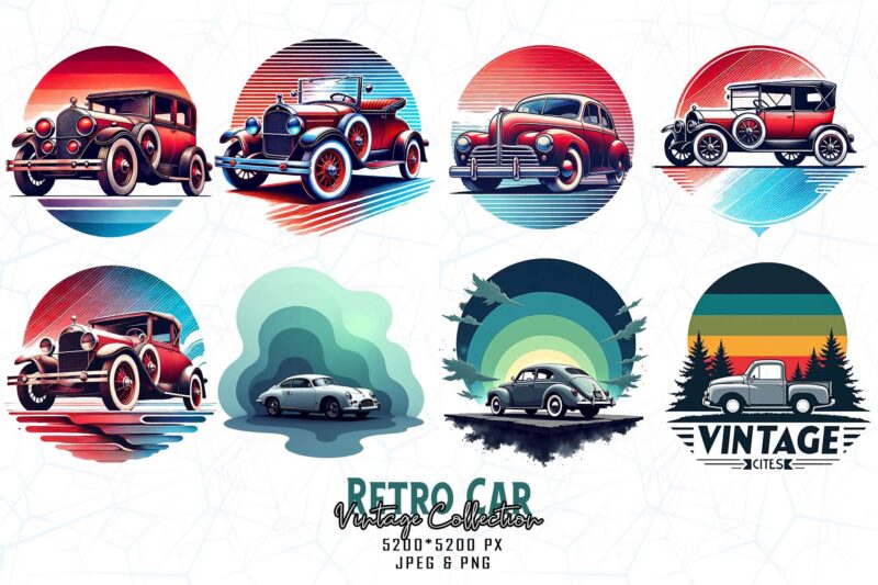 Retro Vintage Car t-shirt design bundle of 20 designs – download instantly Retro Vintage T-shirt