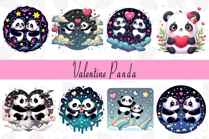 Funny Valentines Day Cute Panda in Love t-shirt design bundle of 20 designs – download instantly Retro Vintage Illustration T-shirt
