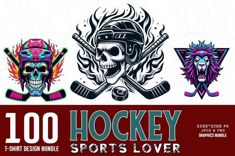 100 Trendy Retro Vintage Skull Hockey Lover t-shirt design bundle