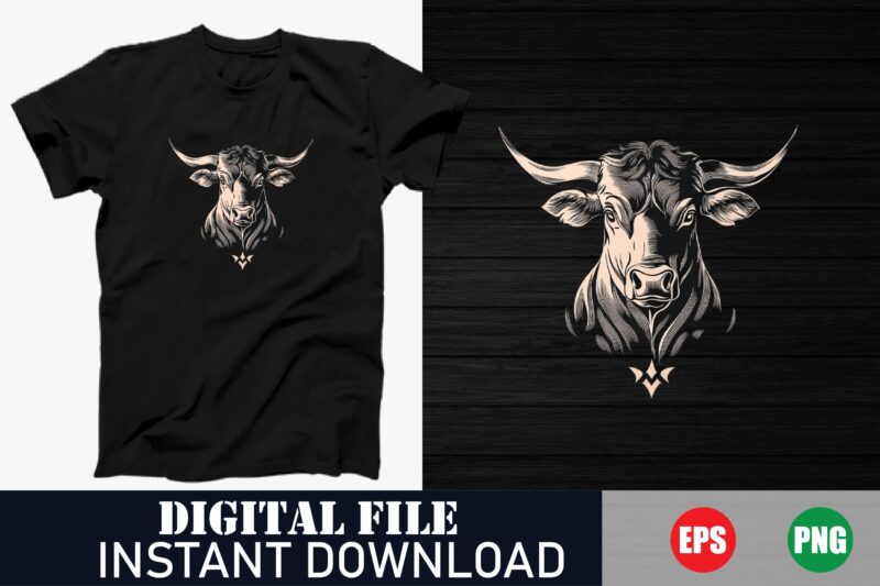 Bull Vector T-Shirt Design, Strong Bull Graphic Tee, Vintage Bull Head T-Shirt, Cool Bull Illustration Tee, Edgy Bull Tattoo Design Shirt