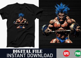 Funny Monkey Gym Lifting Weights T-Shirt Design, Gym Motivation Monkey Workout Vector Art , Monkey Bodybuilding Fitness T-Shirt