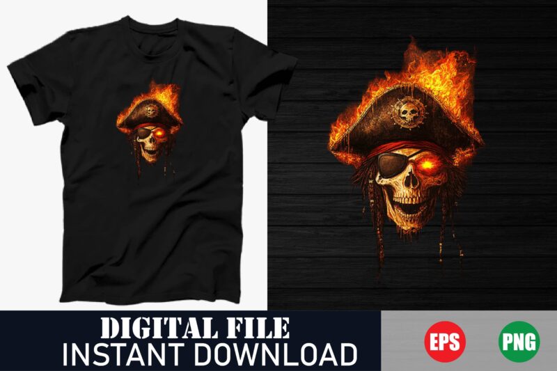Fire Skull Vector T-Shirt Design – Edgy Skull Art for Tees, Skull with Flames T-Shirt Design, Fire Skull Illustration for T-Shirts