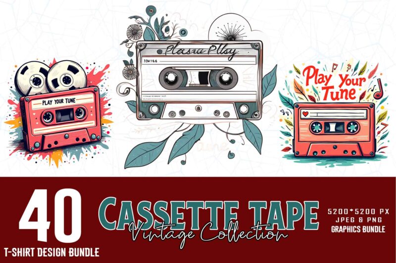 40 Retro Vintage Cassette Tape t-shirt design Mega bundle