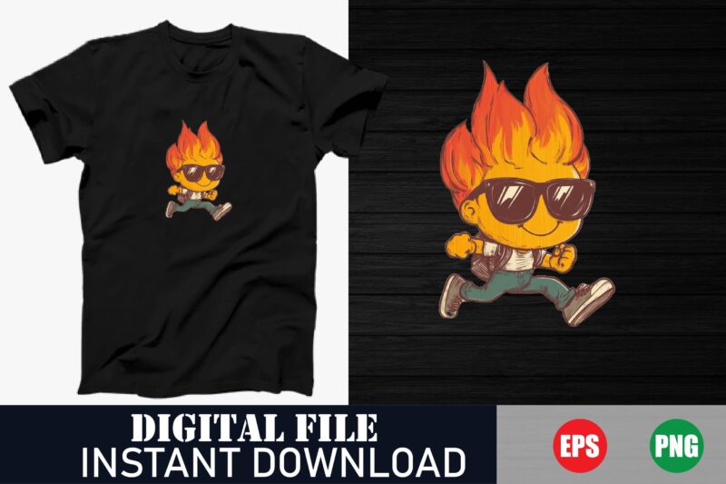 Cute Fire Cartoon T-Shirt, Playful Fire Kid’s T-Shirt, Adorable Fire Character Top, Funny Burning Cartoon Shirt, Kawaii Fire Flame Tee