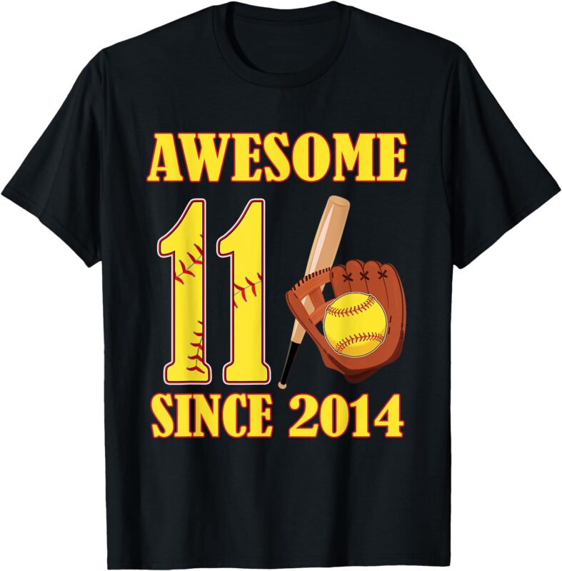 Awesome 11 Year Old Since 2014 11th Birthday Softball Theme T-Shirt