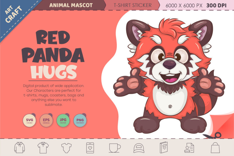 Cartoon Red Panda hugs. T-Shirt, PNG, SVG.