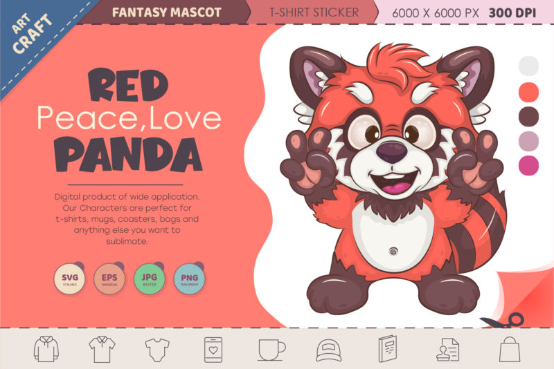 Cartoon Red Panda Peace, Love. T-Shirt, PNG, SVG.
