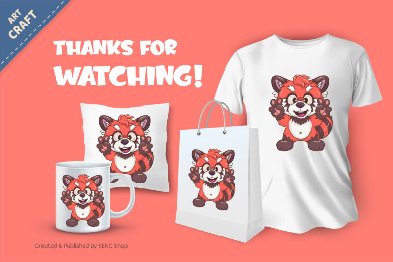 Cartoon Red Panda Peace, Love. T-Shirt, PNG, SVG.