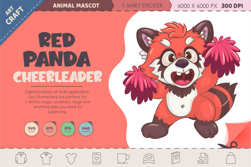 Cheerleader red panda cartoon. T-Shirt, PNG, SVG.