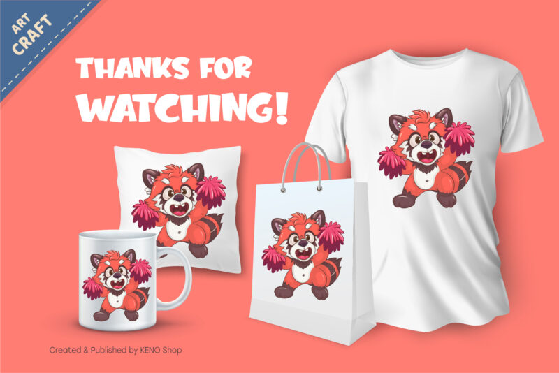 Cheerleader red panda cartoon. T-Shirt, PNG, SVG.