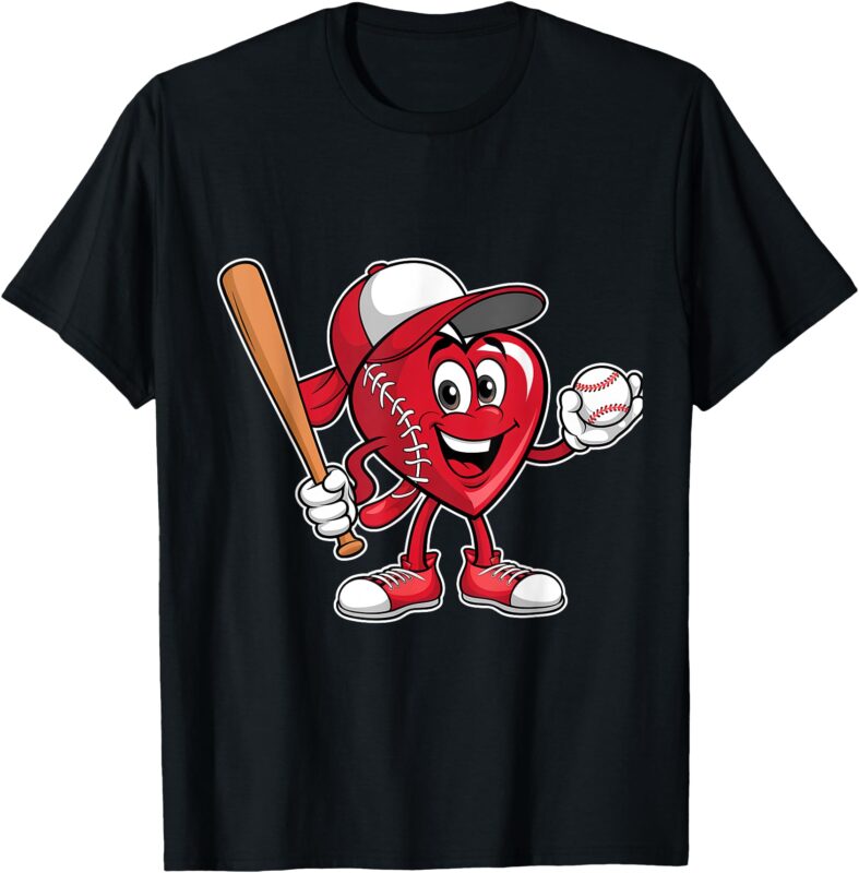 Cute Heart Playing Baseball Valentine’s Day Boys Girls Kids T-Shirt