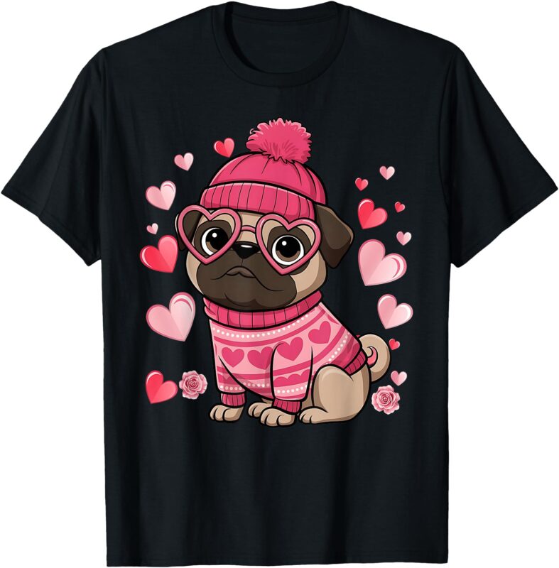 Cute Pug Red Hearts Couples Happy Valentines Day T-Shirt