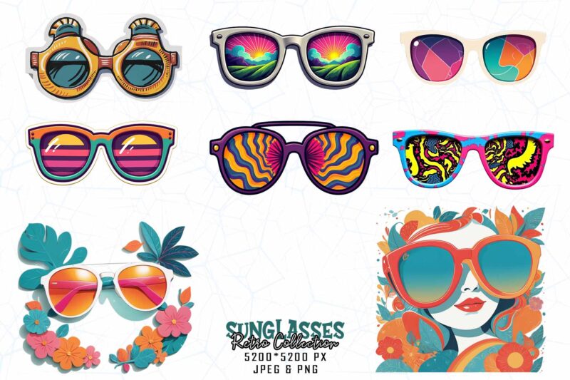 Popular Groovy Retro Sunglasses Summer Lover t-shirt design bundle of 80 designs