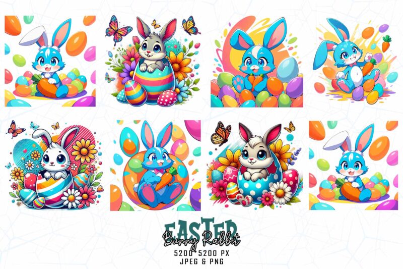 Vintage Colour Easter Sunday Bunny Rabbit t-shirt design bundle of 20 designs – download instantly Retro Vintage Illustration Bundle