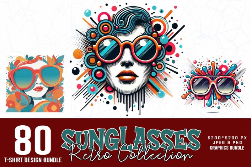Popular Groovy Retro Sunglasses Summer Lover t-shirt design bundle of 80 designs
