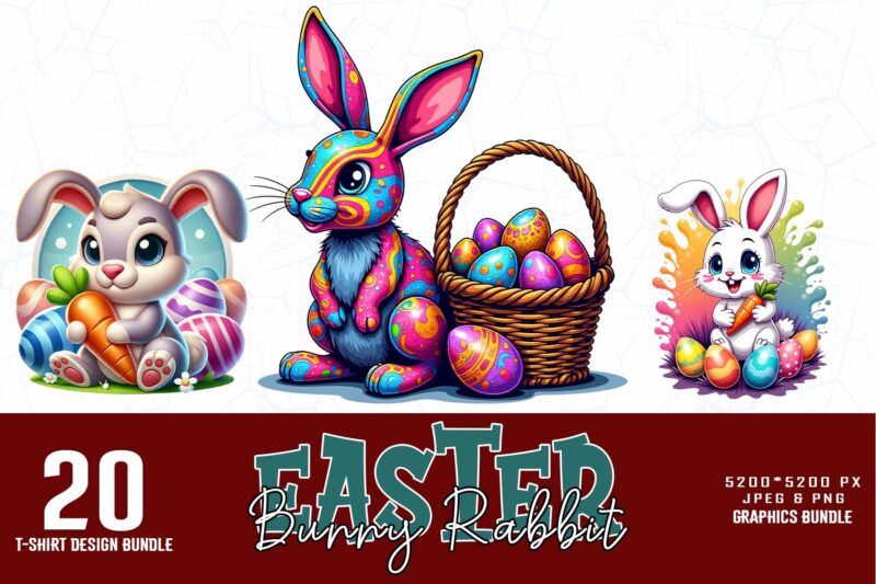 Vintage Colour Easter Sunday Rabbit Bunny t-shirt design bundle of 20 designs – download instantly Retro Vintage Bundle