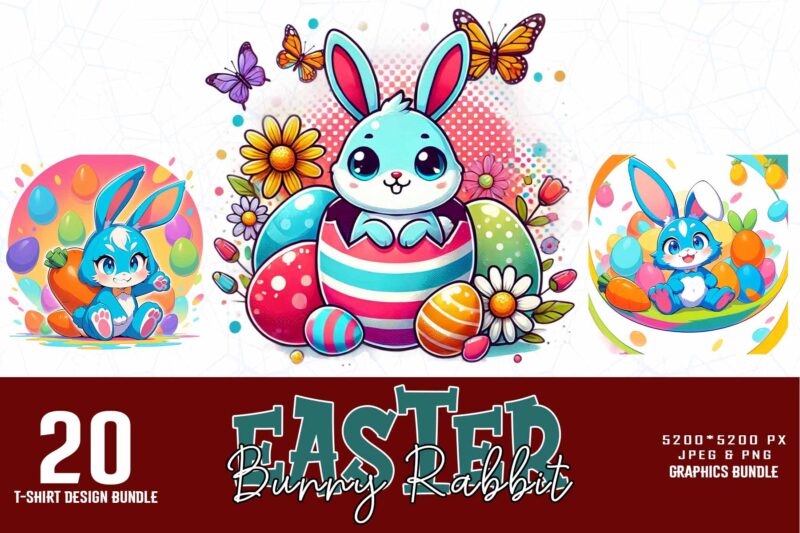 20 Trendy Retro Vintage Easter Sunday Bunny Rabbit t-shirt design bundle
