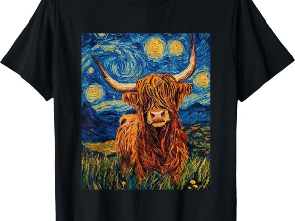 Funny highland cow graphic – van gogh style – starry night t-shirt
