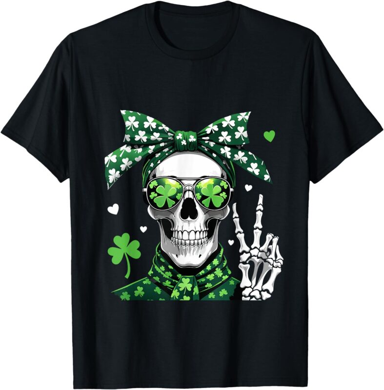Funny St Patricks Day Skull Messy Bun Saint Pattys Tee T-Shirt