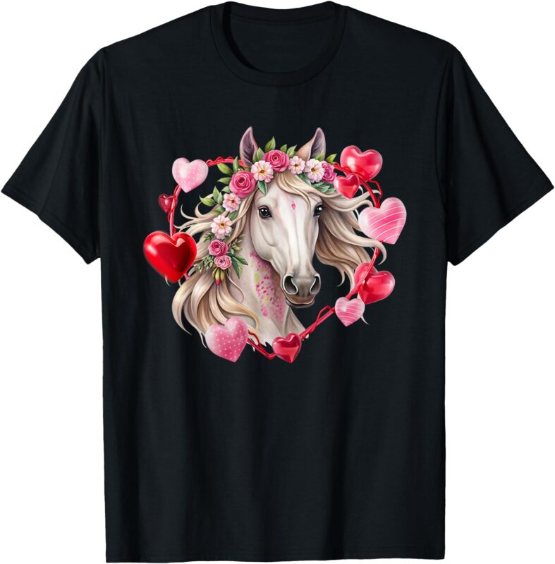 Horse Flowers Hearts Happy Valentine’s Day Equestrian T-Shirt