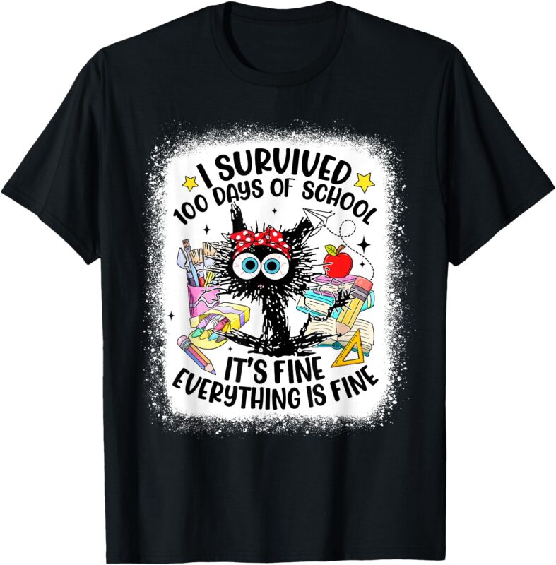 I Survived 100 Days Of School Teacher & Kids Funny Cat T-Shirt