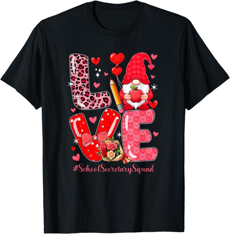 LOVE School Secretary Squad Valentine Leopard Gnome Lover T-Shirt