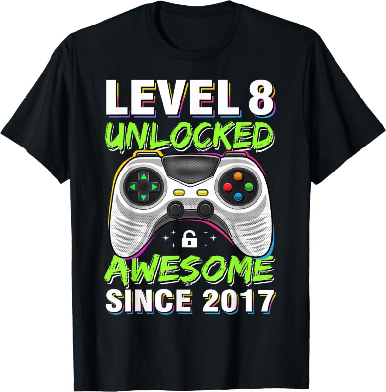 Level 8 Unlocked Awesome Since 2017 8th Birthday Gaming Boys T-Shirt