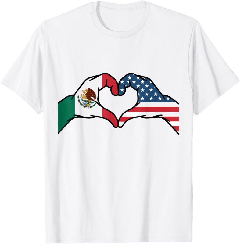 Mexican American Flag Print Heart Hands Love Mexico USA T-Shirt