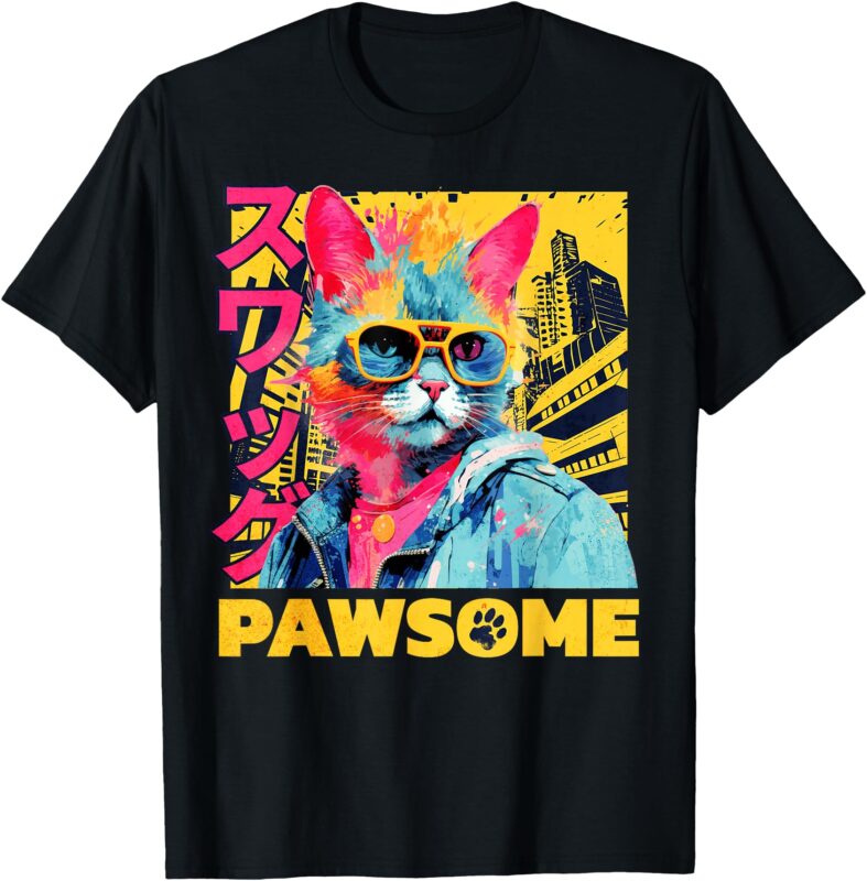 Pawsome Cat Japanese Art Funny Cat Gifts For Men Women Kid T-Shirt