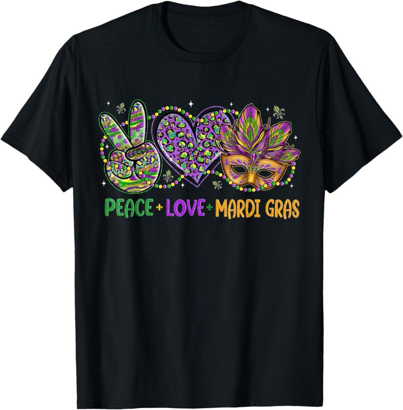 Peace Love Mardi Gras Mask Beads for Women Carnival Parade T-Shirt