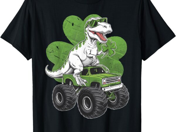 T rex dinosaur monster truck clover st patricks day boys kid t-shirt