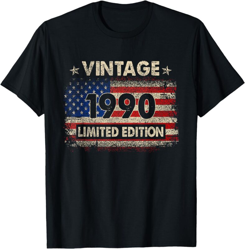 Vintage 1990 American Flag 35th Birthday Gifts 35 Years Old T-Shirt